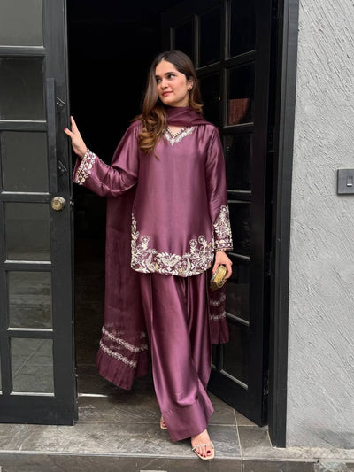 Natural Crepe Silk Embroidered Kurta with Farshi Pant & Dupatta Set for Women
