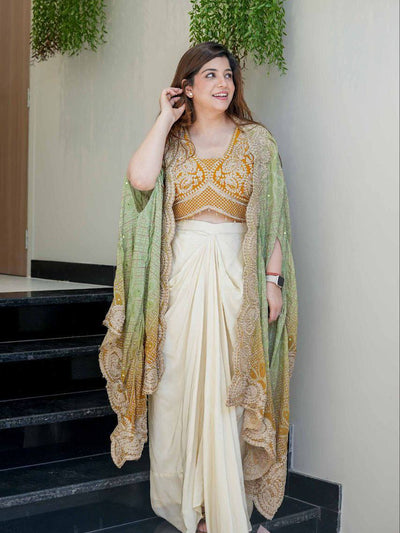 Women's Mustard Yellow Bandhani Dhoti Set with Shrug