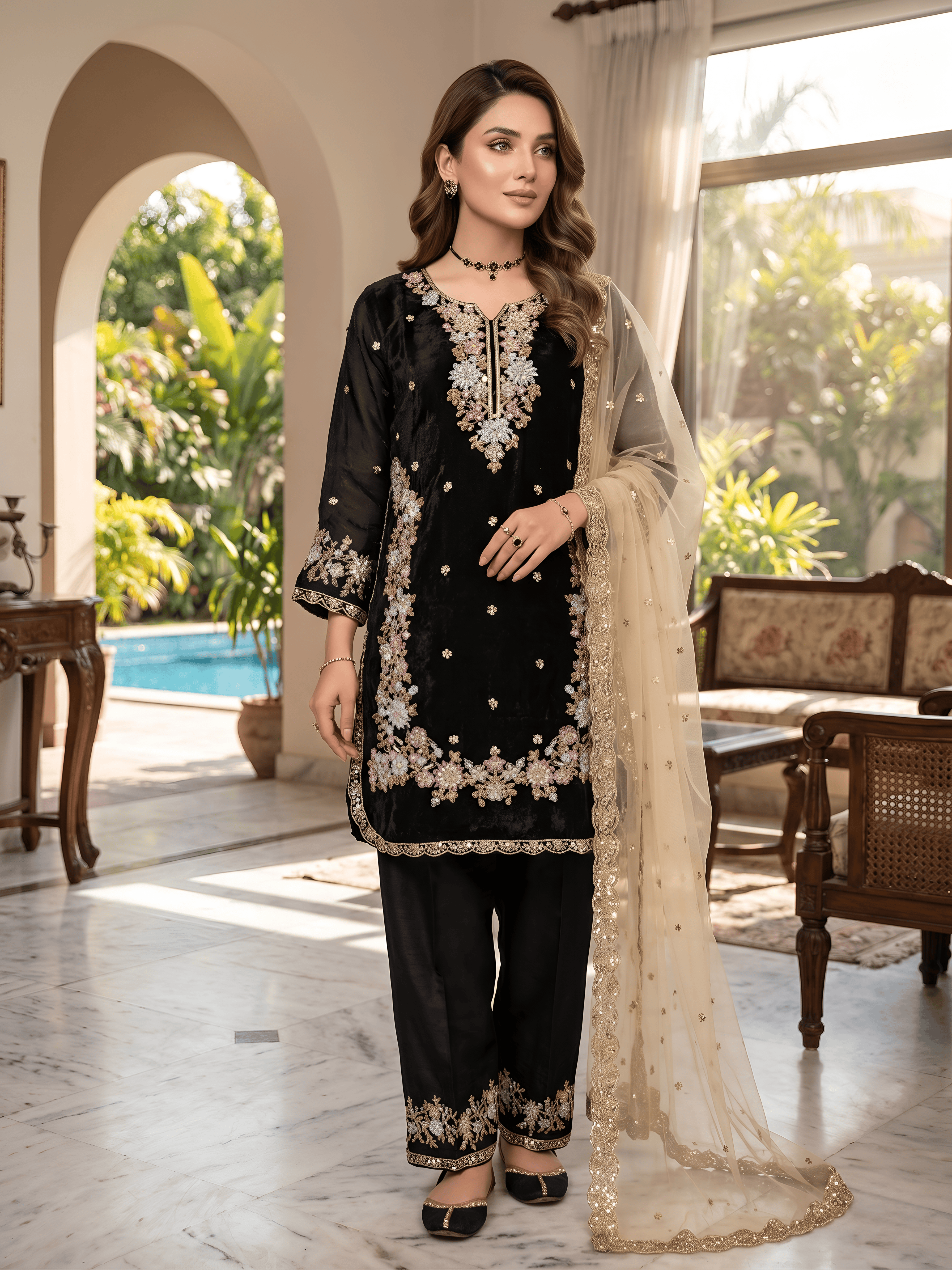 Fendi Silk Embroidered Designer Kurta Pant Set with Dupatta for Women