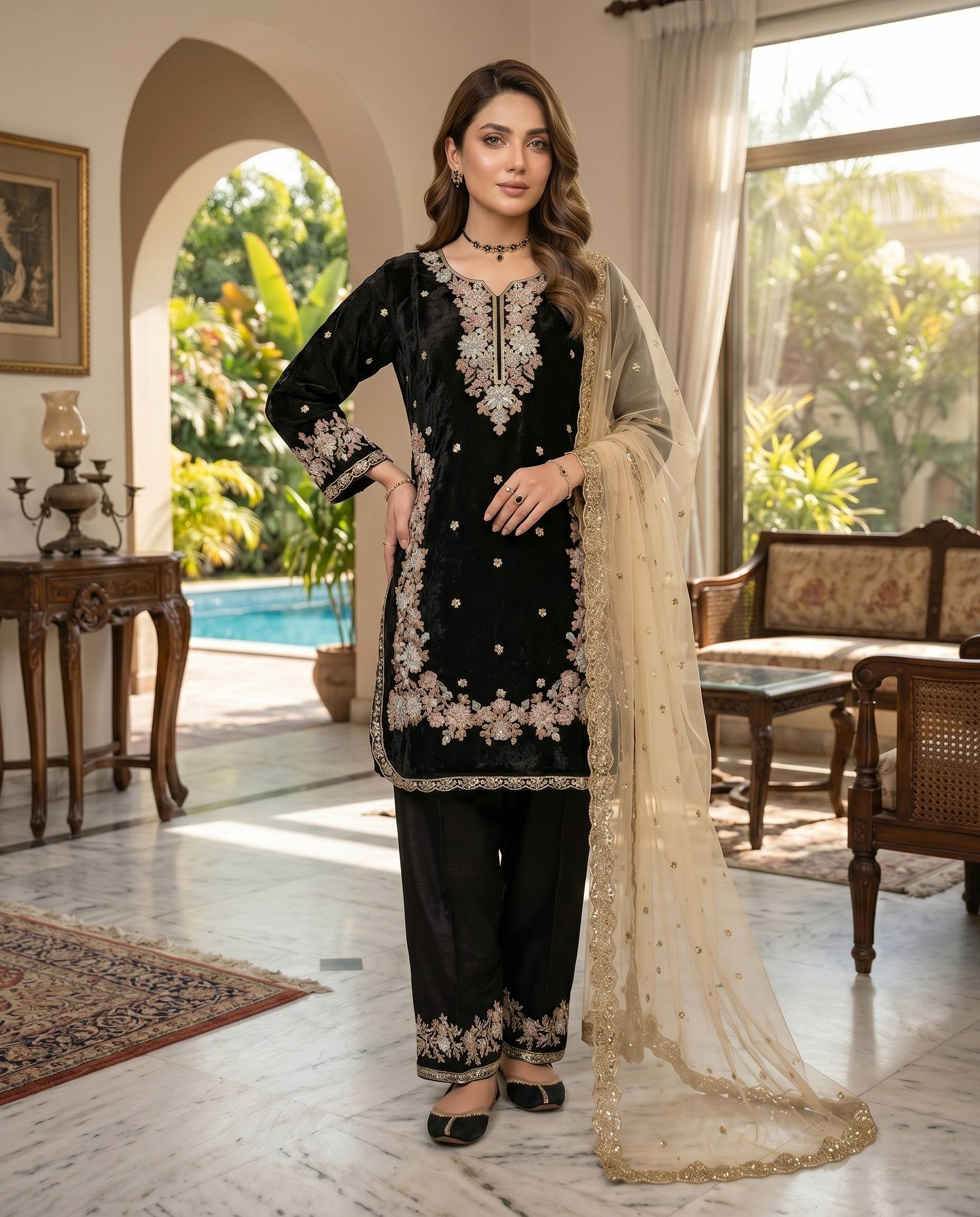 Fendi Silk Embroidered Designer Kurta Pant Set with Dupatta for Women