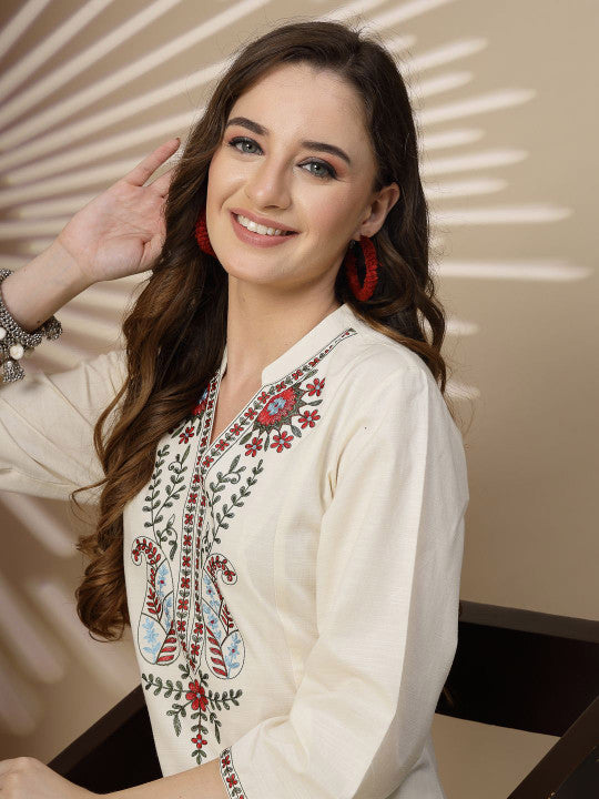 Ivory Linen Designer A-Line Kurta With Palazzo For Women