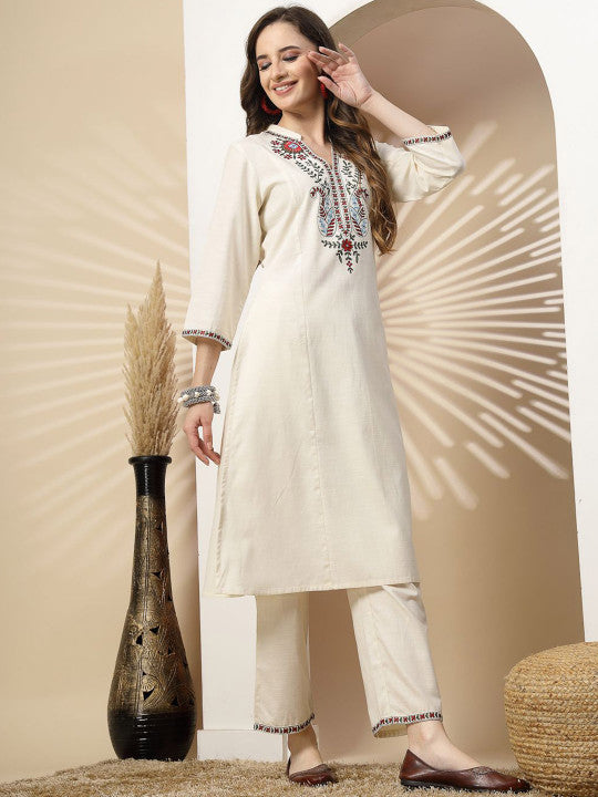 Ivory Linen Designer A-Line Kurta With Palazzo For Women