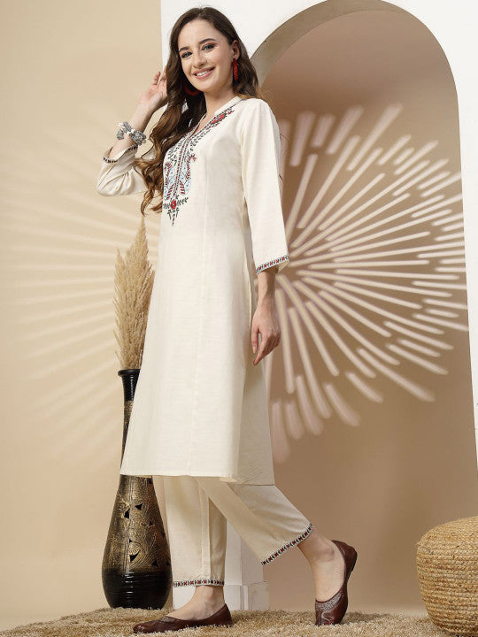 Ivory Linen Designer A-Line Kurta With Palazzo For Women