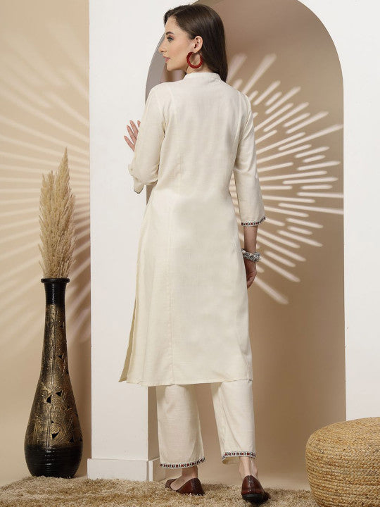 Ivory Linen Designer A-Line Kurta With Palazzo For Women