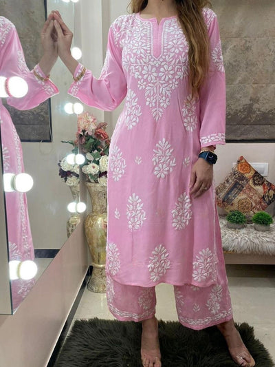 Rayon Cotton Chikankari Embroidery Kurta With Palazzo For Women