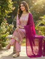 Printed Chinon Kurta with Sequence Embroidery Pant & Dupatta Set for Women
