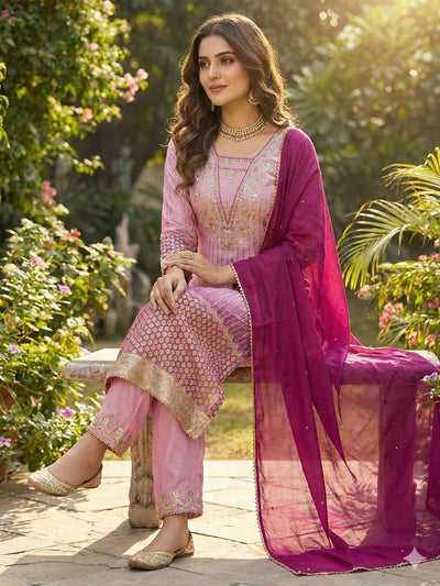Printed Chinon Kurta with Sequence Embroidery Pant & Dupatta Set for Women
