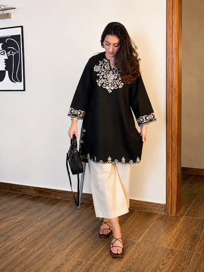 Women's Jet Embroidered Cotton Short Kurti with Straight Pants Co-Ord Set