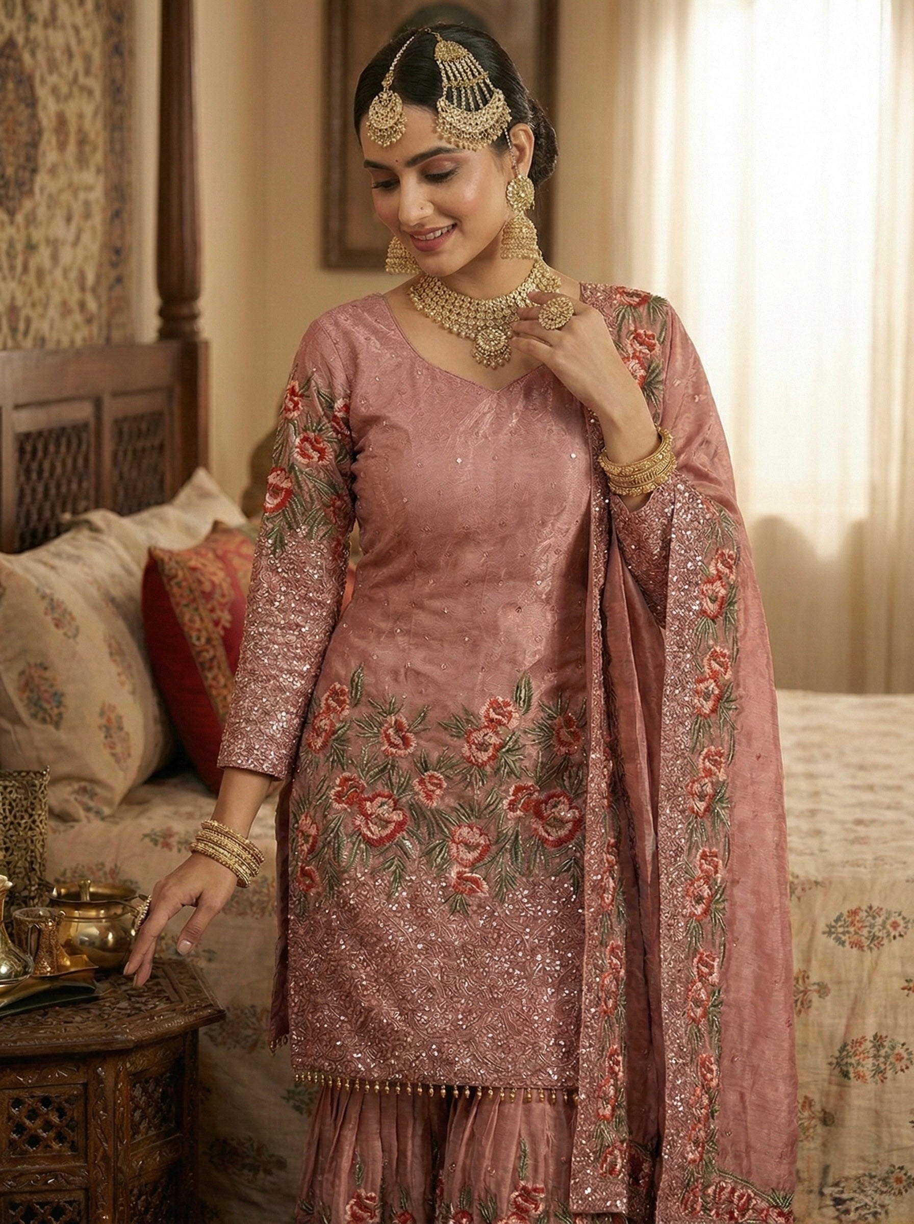 Fendy Silk Heavy Embroidered Sharara Suit Set for Women