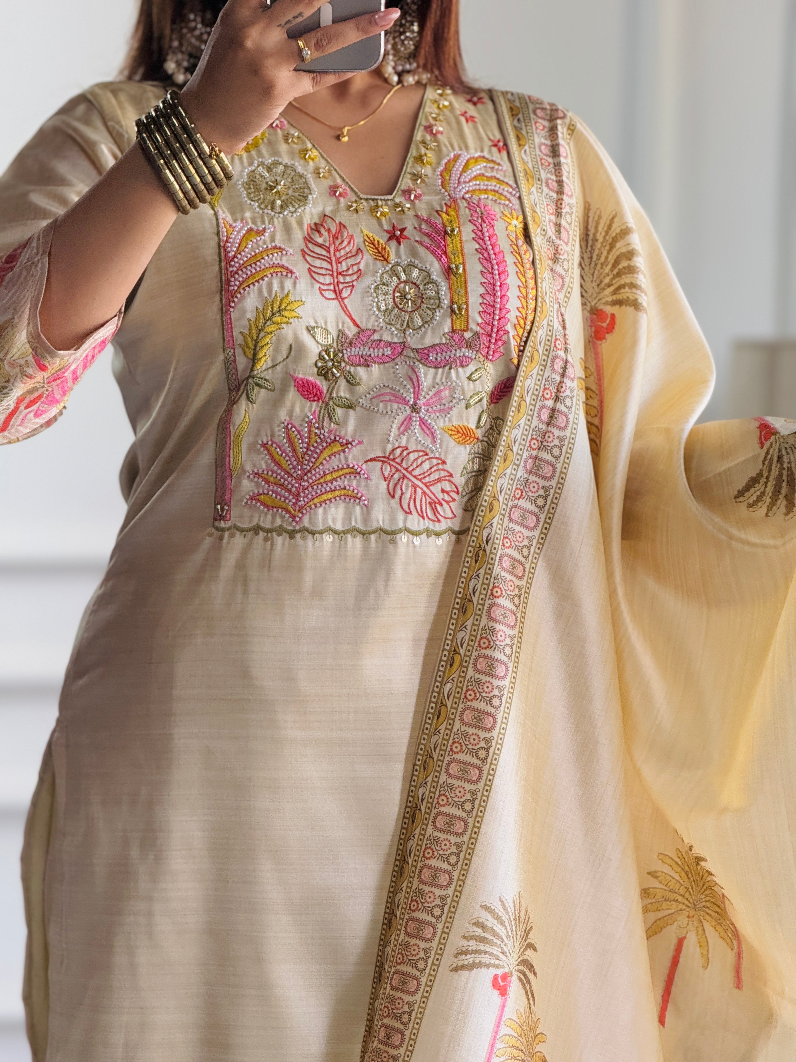 Ivory Assam Silk Embroidered Kurta with Pant & Dupatta Set for Women