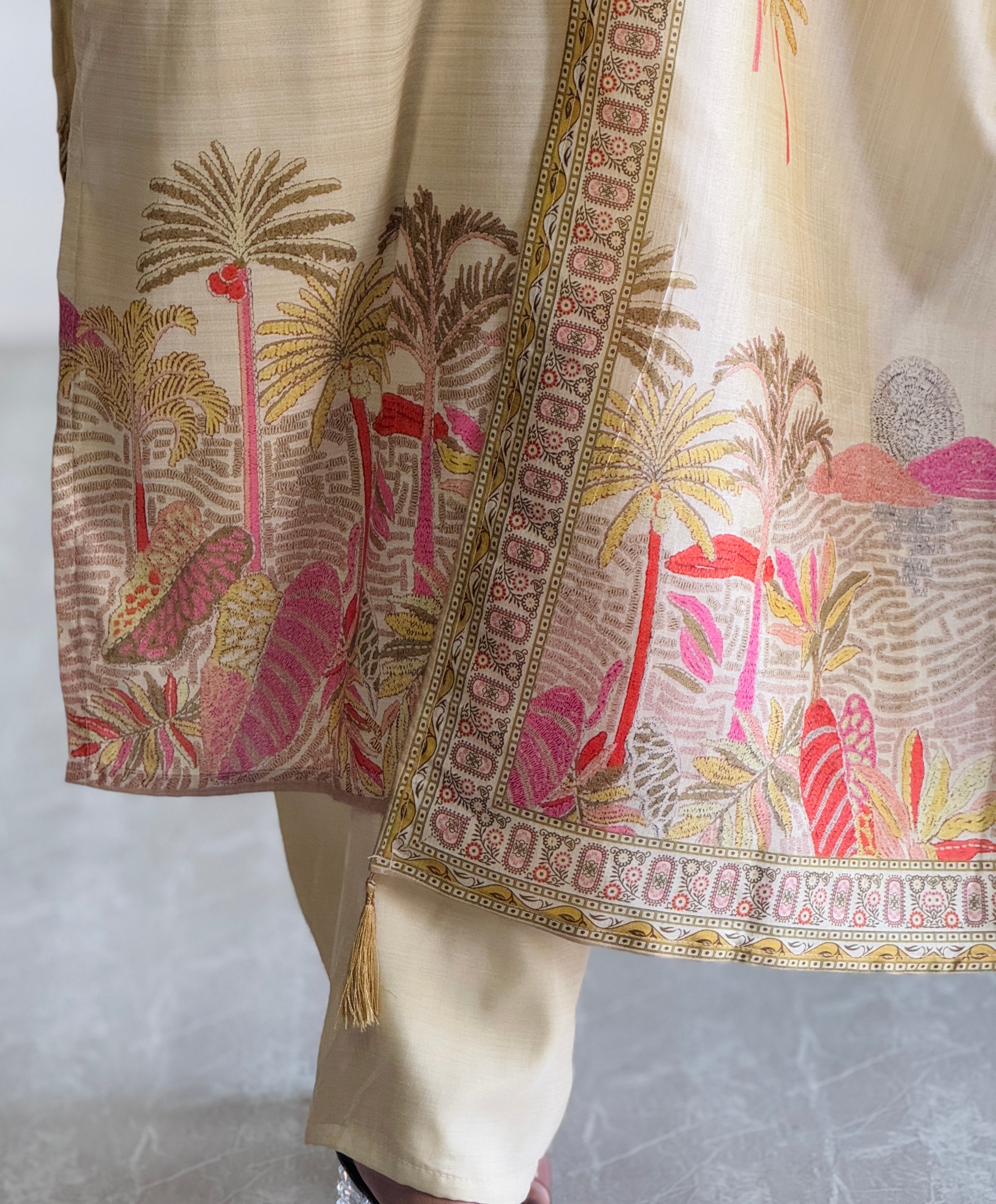 Ivory Assam Silk Embroidered Kurta with Pant & Dupatta Set for Women