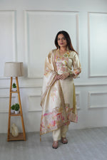Ivory Assam Silk Embroidered Kurta with Pant & Dupatta Set for Women