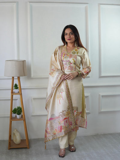 Ivory Assam Silk Embroidered Kurta with Pant & Dupatta Set for Women