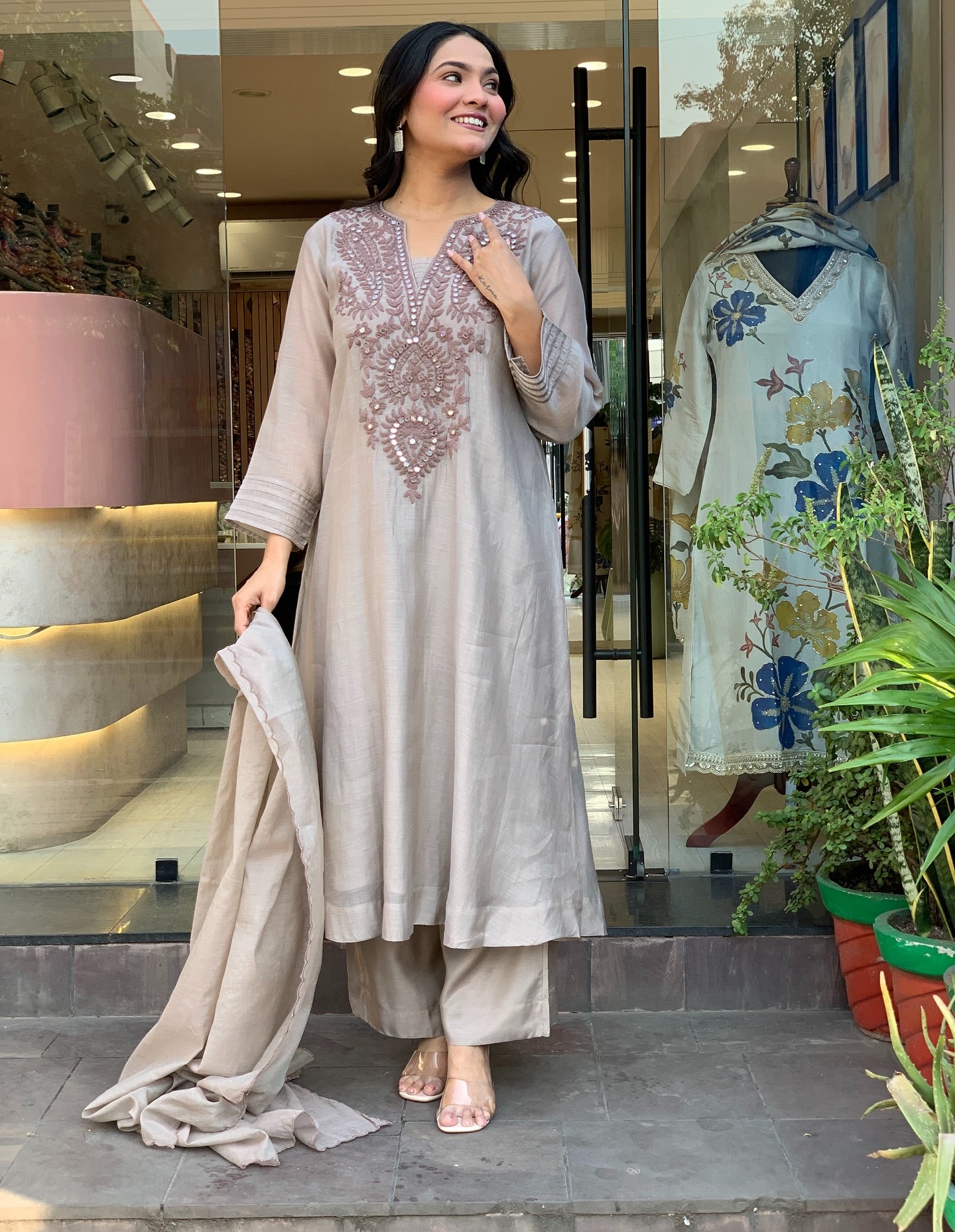Light Muslin Cotton Embroidered Foil Mirror Work Kurta Palazzo