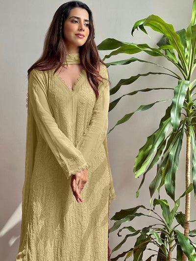 Georgette Chikankari Embroidery Kurta Pant Dupatta Set for Women