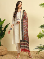 Ivory Khadi Cotton Thread Embroidered Kurta Pant Dupatta Set for Women