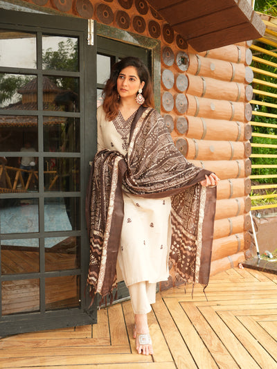 Women's  Cotton Embroidered Kurta with Pant & Dupatta