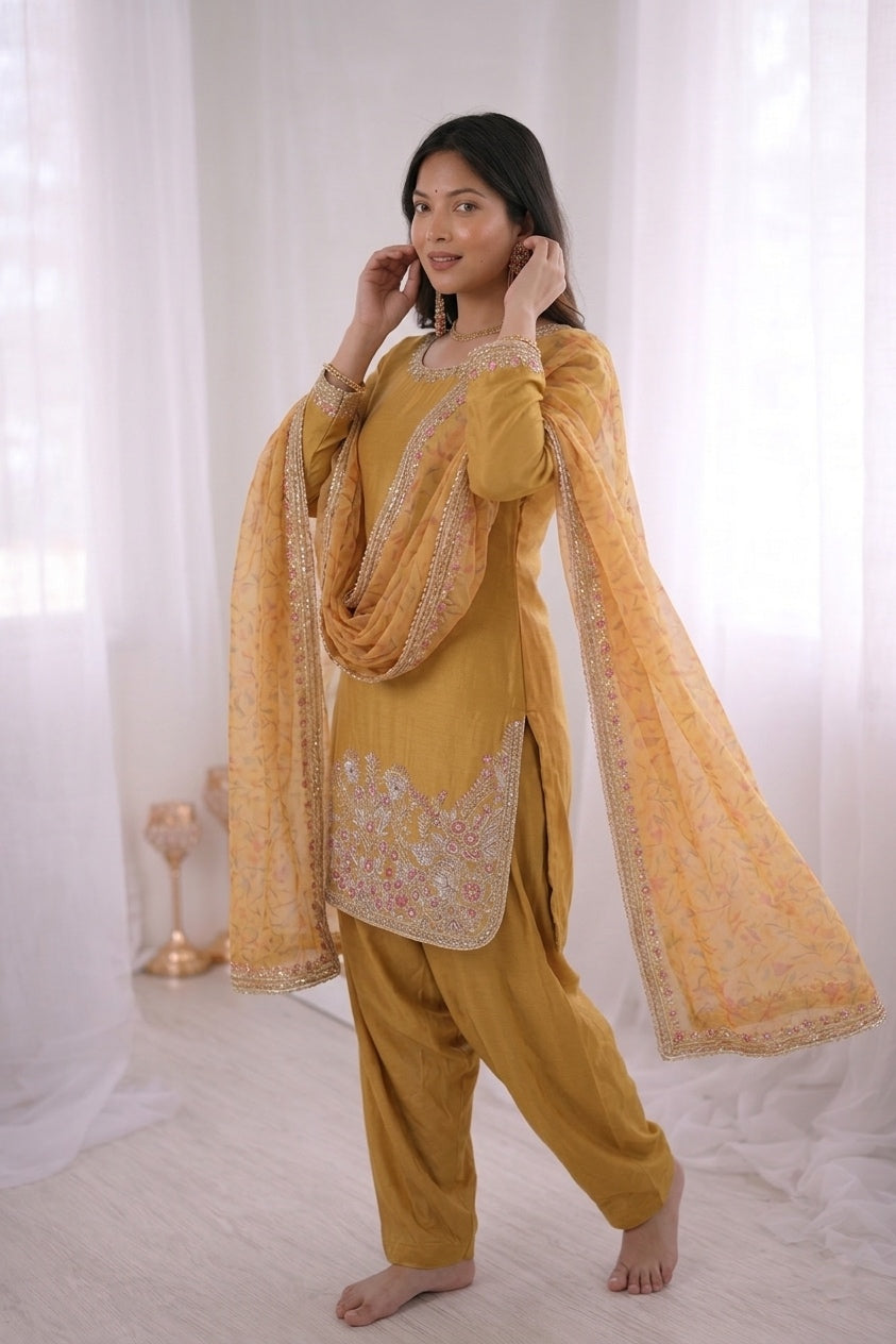 Women's  French Crepe Silk Farshi Suit Set with Digital Print Dupatta