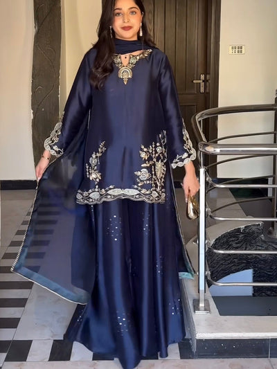 Heavy Crepe Silk Embroidered Kurta Sharara Dupatta Set for Women