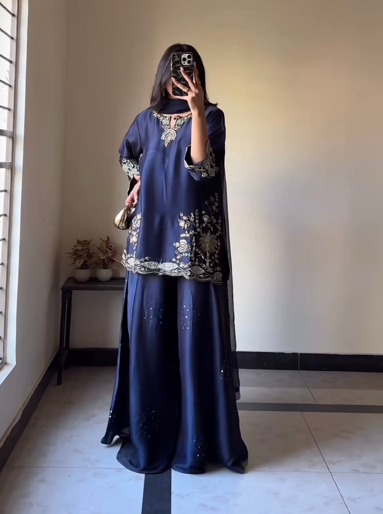 Heavy Crepe Silk Embroidered Kurta Sharara Dupatta Set for Women