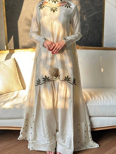 Crepe Embroidered Kurta with Farsi Salwar & Dupatta Set for Women
