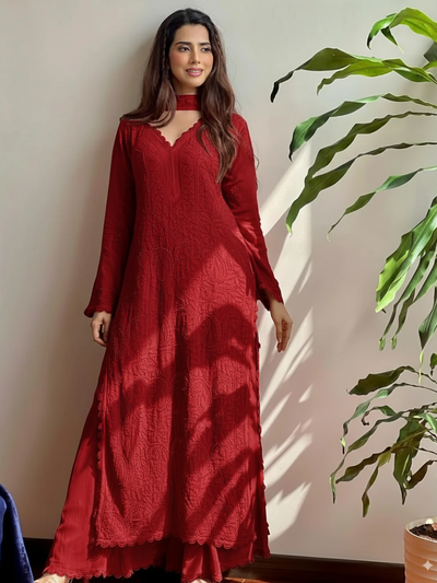 Georgette Chikankari Embroidered Kurta Pant & Dupatta Set for Women